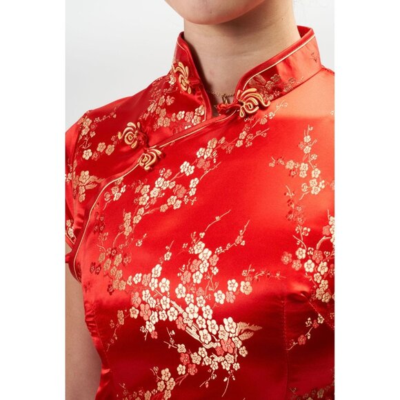 Vintage Y2K 90s DiYuange Red Satin Gold Floral Embroidered Cheongsam Qipao Dress - Picture 4 of 16